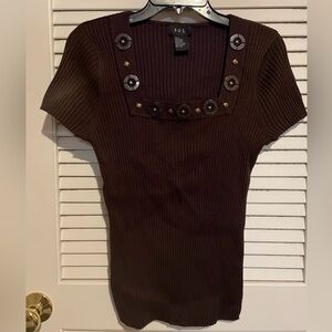 Brown Short Sleeve Square Neck Dressy Top